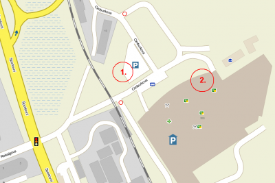 Mapka<br />1. Venkovní parkoviště, zadní část<br />2. Kryté parkoviště, u výjezdu, tam kde je ještě dobré světlo